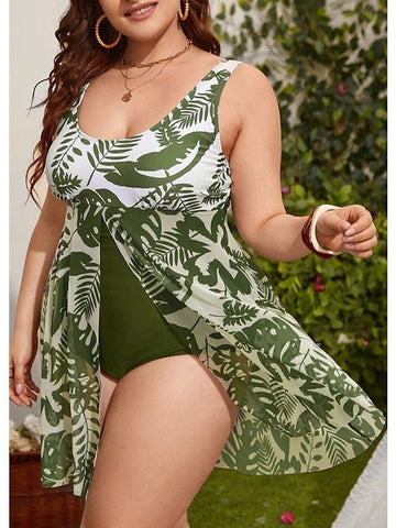 Women's Swimwear Swim Dress Plus Size Swimsuit 2 Piece Floral White Green High Neck Bathing Suits Sports Summer