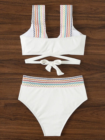 Women's Swimwear Bikini 2 Piece Normal Swimsuit Open Back Printing High Waisted Striped White Tank Top Vest Strap Bathing Suits New Vacation Fashion