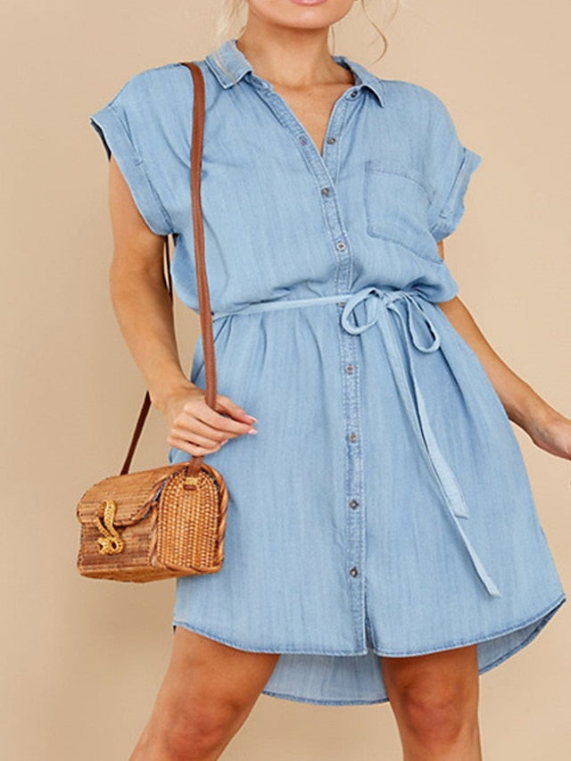 Women's Denim Shirt Dress - Sleeveless Lace-Up Mini Dress for Summer
