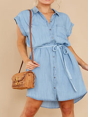 Women's Denim Shirt Dress - Sleeveless Lace-Up Mini Dress for Summer