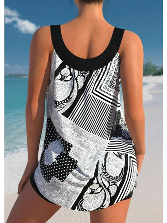 Women's Swimwear Tankini 2 Piece Plus Size Swimsuit Printing Graphic Black White Red Blue Tank Top Bathing Suits Sports Summer