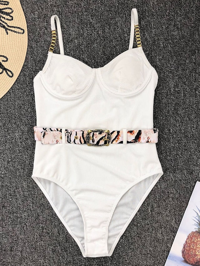 Women's Swimwear One Piece Normal Swimsuit Tummy Control Open Back Triangle Print Solid Color Leopard Black White Pink Purple Brown Padded V Wire Bathing Suits New Vacation Fashion