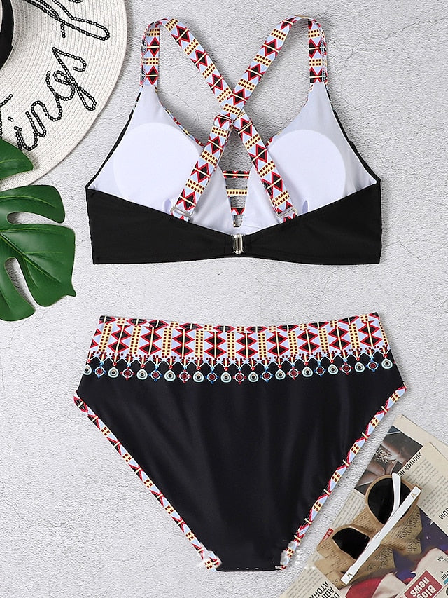 Women's Swimwear Bikini Normal Swimsuit 2 Piece Printing Geometic Black Bathing Suits Sports Beach Wear Summer