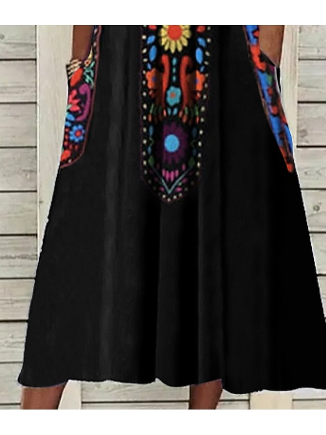 Women's Casual Dress Ethnic Dress Shift Dress Midi Dress Black Half Sleeve Floral Pocket Fall Spring Summer V Neck