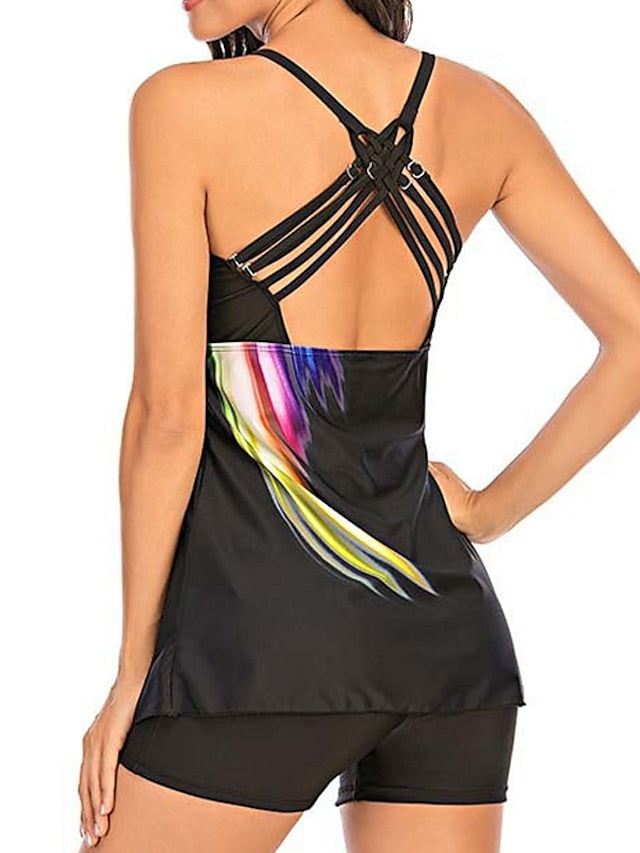 Women's Swimwear Tankini 2 Piece Plus Size Swimsuit Open Back Printing Gradient Color Black Camisole Strap Bathing Suits Sports Vacation Fashion / Modern / New