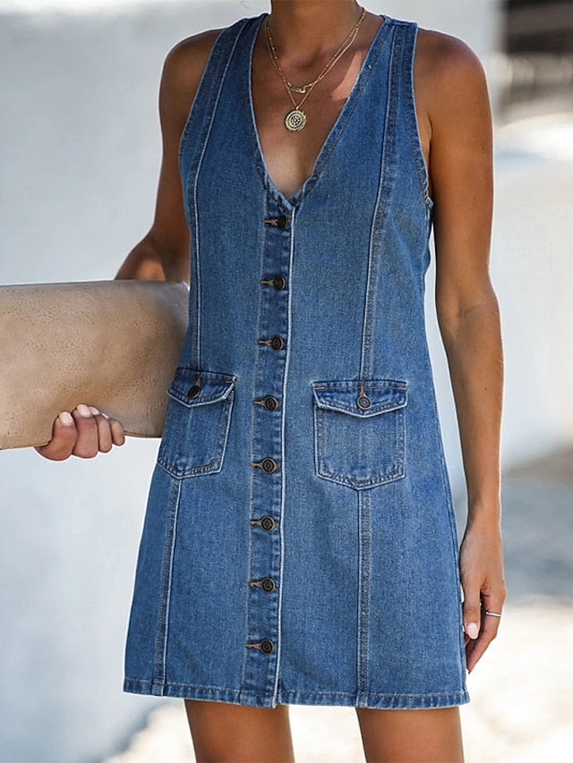 Women's V-Neck Sleeveless Denim Mini Dress with Pockets - Summer Shirt Dress
