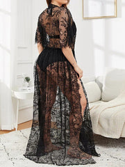 Women's Lace Dress Summer Dress Long Dress Maxi Dress Cute Sexy Lace Split Solid Color V Neck Home Lounge Black