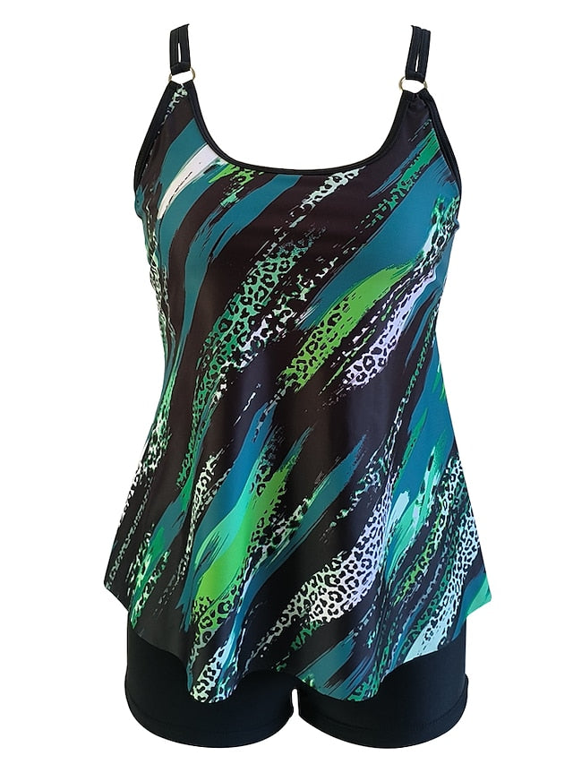 Women's Swimwear Tankini with Shorts / Top Normal Swimsuit Printing Waves Colorful Green Rainbow Padded Strap Bathing Suits Elegant Beach Wear Patterned