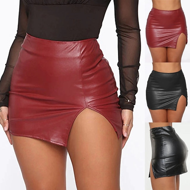 Women's Pencil Bodycon Mini PU Faux Leather Black Wine Skirts Summer Split Shiny Metallic Without Lining Sexy Night out&Special occasion Date