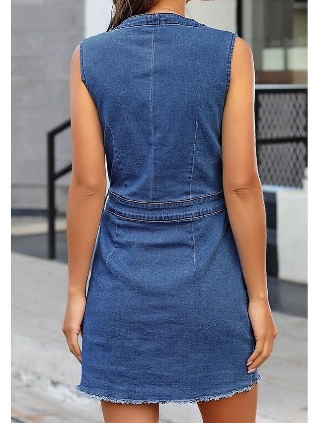 Women's Denim Mini Dress - Sleeveless V-Neck with Pockets for Summer