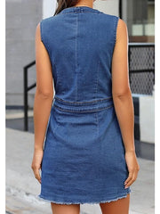 Women's Denim Mini Dress - Sleeveless V-Neck with Pockets for Summer