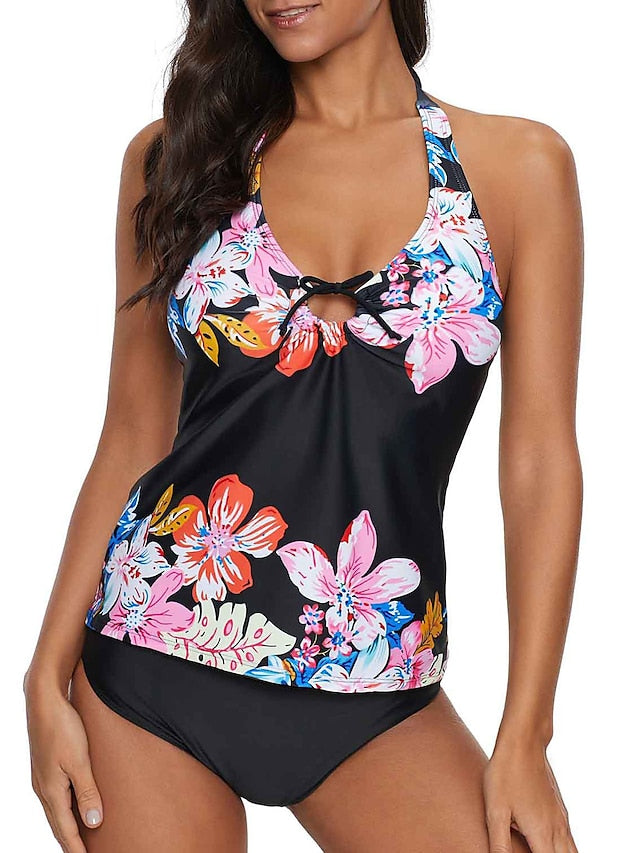 Women's Swimwear Monokini 2 Piece Normal Swimsuit Open Back Printing Hole Floral Bowknot Black Halter Padded V Wire Bathing Suits New Vacation Holiday