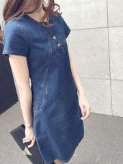 Women's Blue Denim Shift Dress - V-Neck, Short Sleeve, Mini, Button Detail
