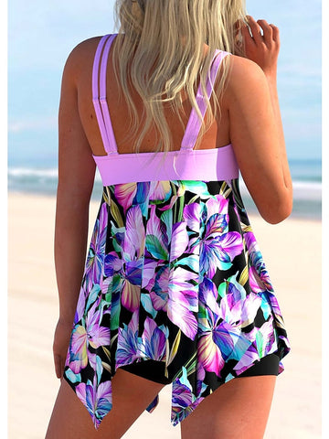 Women's Swimwear Tankini 2 Piece Plus Size Swimsuit 2 Piece Floral Purple Green Tank Top Bathing Suits Sports Summer