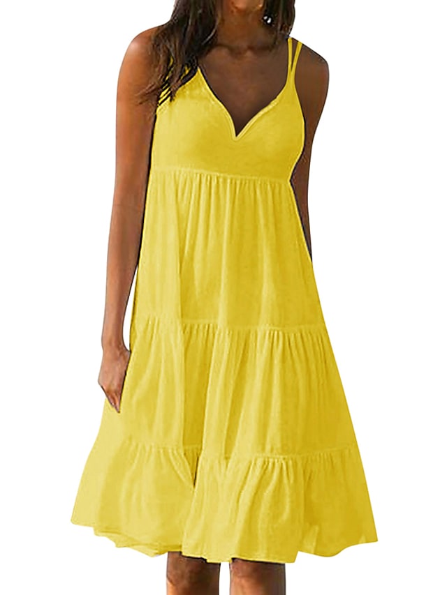 Women's Sleeveless Pure Color Ruched V Neck Vacation Loose Fit Dress