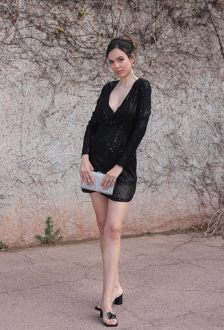 Women‘s Formal Party Dress Sequin Dress Holiday Dress Mini Dress Black Gold Long Sleeve Pure Color Sequins Winter Fall Spring V Neck Fashion Winter Dress Birthday