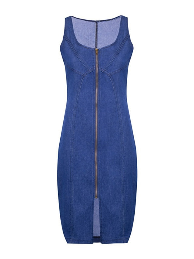 Women's Midi Denim Dress - Sleeveless U-Neck with Zipper for Summer & Spring