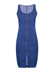 Women's Midi Denim Dress - Sleeveless U-Neck with Zipper for Summer & Spring