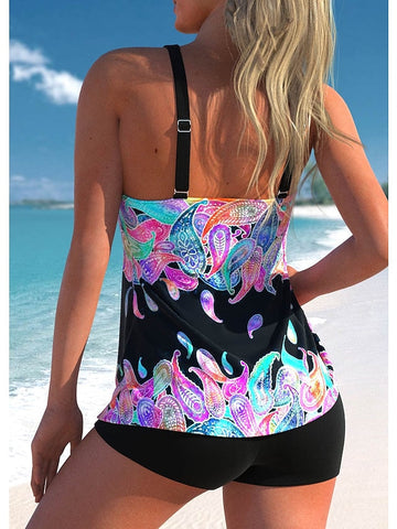 Women's Swimwear Tankini 2 Piece Plus Size Swimsuit 2 Piece Printing Paisley Floral Black Rainbow Rose Red Tank Top Bathing Suits Sports Summer