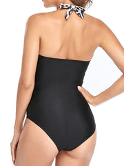 Women's Swimwear One Piece Normal Swimsuit Ruched Open Back Printing Leaf Halter Padded Strap Bathing Suits New Vacation Stylish