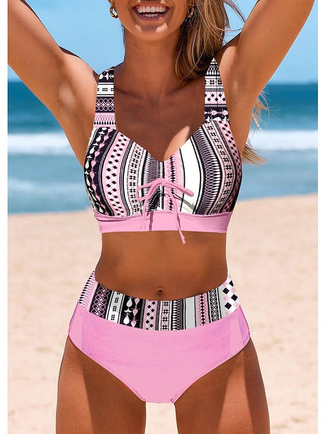 Women's Swimwear Bikini Normal Swimsuit 2 Piece Geometic Pink Bathing Suits Sports Beach Wear Summer