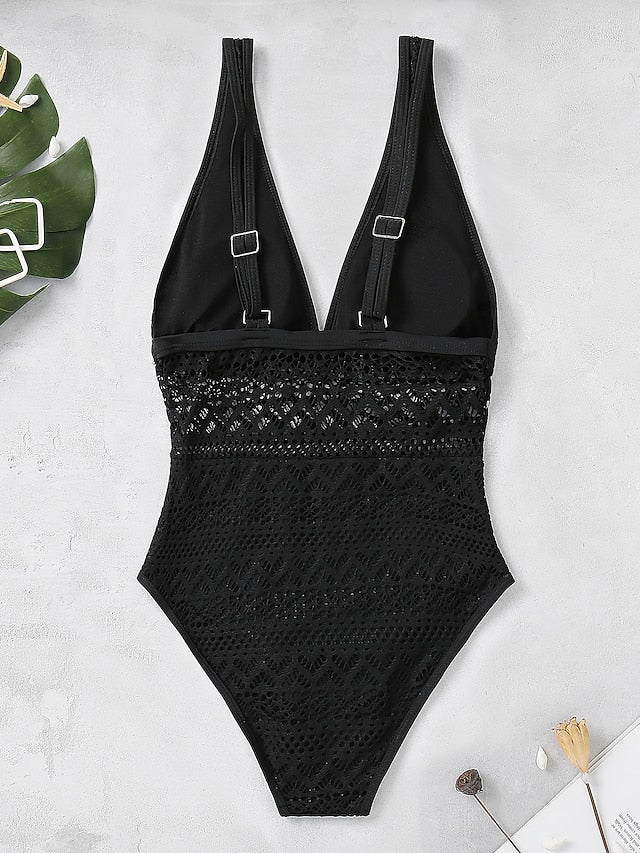 Women's Swimwear One Piece Monokini Normal Swimsuit Tummy Control Open Back Slim Solid Color Geometric Black Padded Bodysuit V Wire Bathing Suits Sexy Fashion Sexy