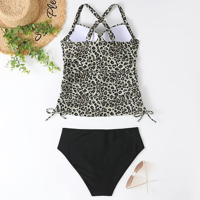 Women's Swimwear Tankini 2 Piece Normal Swimsuit 2 Piece Tummy Control Solid Color Leopard Print Black Army Green Navy Blue Blue Tank Top Bathing Suits Sports Summer