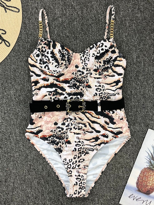 Women's Swimwear One Piece Normal Swimsuit Tummy Control Open Back Triangle Print Solid Color Leopard Black White Pink Purple Brown Padded V Wire Bathing Suits New Vacation Fashion