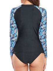 Women's UV Protection Rash Guard Swimsuit - 2 Piece Zipper Print, High Neck, Black/Blue, Casual/Modern