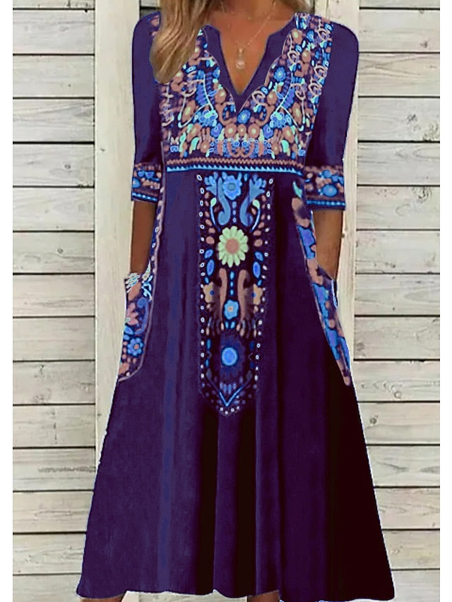 Women's Casual Dress Ethnic Dress Shift Dress Midi Dress Black Half Sleeve Floral Pocket Fall Spring Summer V Neck