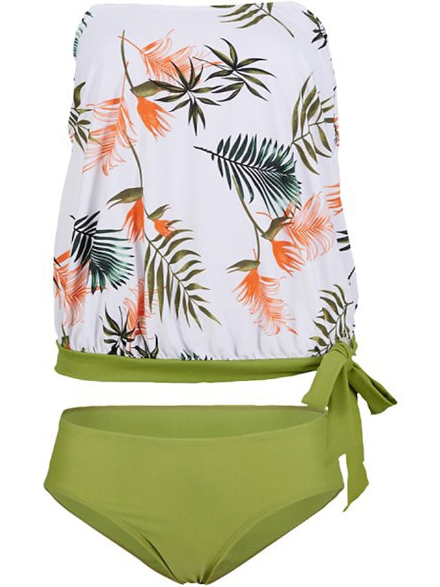 Women's Swimwear Tankini 2 Piece Normal Swimsuit 2 Piece Printing Leaf Black White Tank Top Bathing Suits Sports Beach Wear Summer