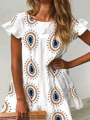 Women's Casual Dress Summer Dress Print Dress Paisley Print Ruffle Print Crew Neck Mini Dress Fashion Modern Outdoor Daily Short Sleeve Loose Fit White Summer Spring