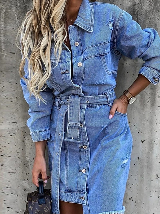 Women's Cotton Denim Midi Shirt Dress with Lace-Up and Buttons for Spring/Summer
