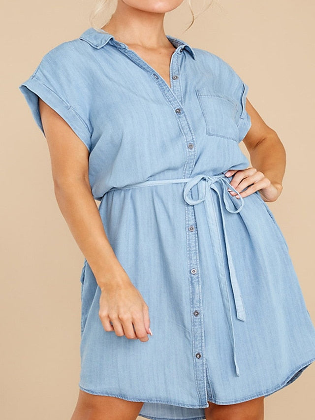 Women's Denim Shirt Dress - Sleeveless Lace-Up Mini Dress for Summer