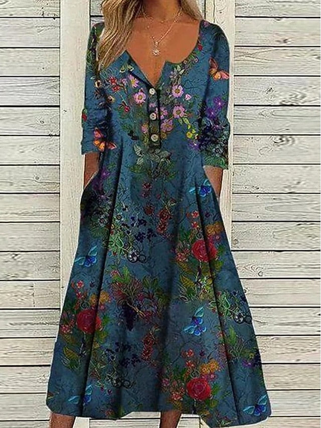 Women's Casual Dress Ethnic Dress Midi Dress Green Half Sleeve Floral Ruched Summer Spring Fall V Neck Mature