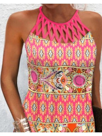Women's Casual Dress Mini Dress Pink Sleeveless Print Cut Out Spring Summer Halter Fashion Weekend Print Dresses