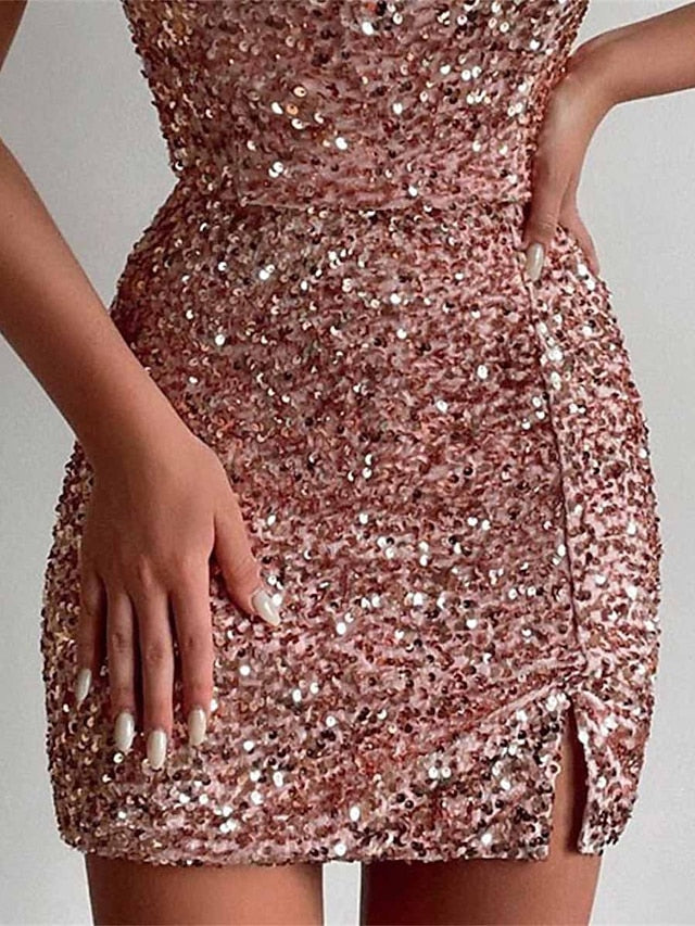 Women's Party Dress Sequin Dress Sexy Dress Mini Dress Rose Sleeveless Pure Color Sequins Summer Spring Spaghetti Strap Fashion Birthday Wedding Guest Vacation