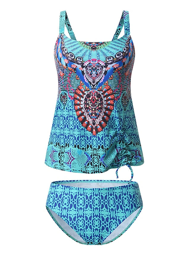 Women's Swimwear Tankini 2 Piece Normal Swimsuit Open Back Printing Color Block Blue Camisole Strap Bathing Suits New Vacation Fashion / Modern / Padded Bras