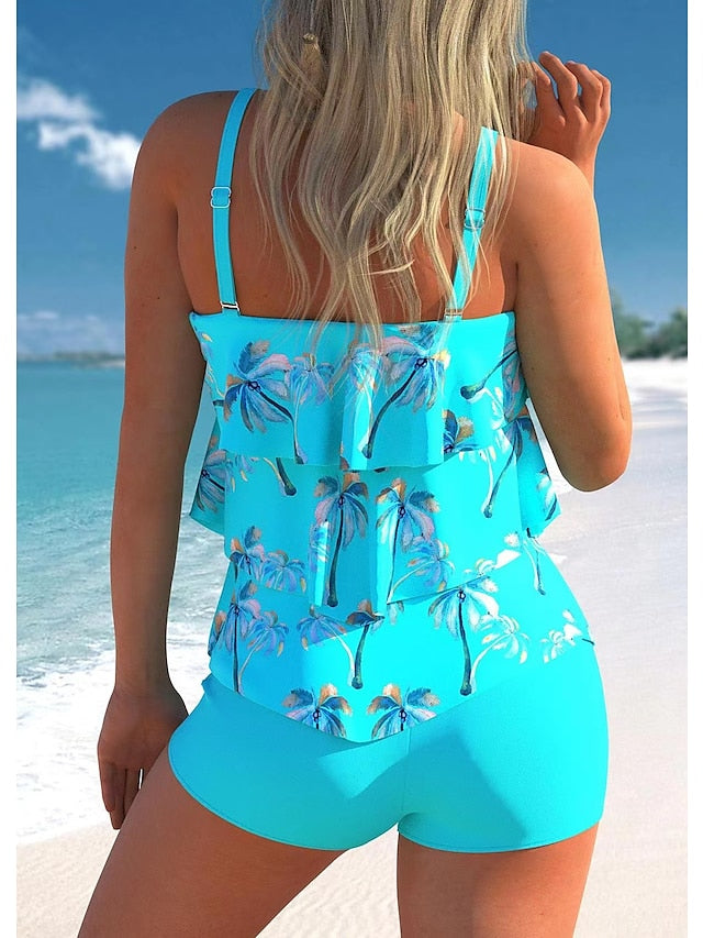 Women's Swimwear Tankini 2 Piece Normal Swimsuit 2 Piece Layered Printing Palm Tree Black White Blue Rainbow Tank Top Bathing Suits Sports Beach Wear Summer