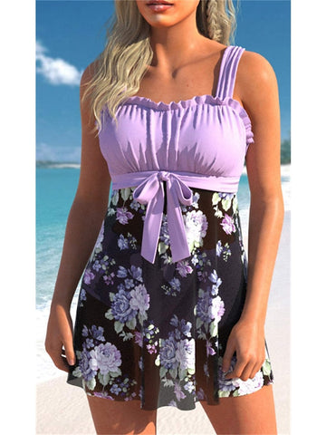 Women's Swimwear Swimdresses Plus Size Swimsuit 2 Piece Printing Floral Black Yellow Pink Dark Green Purple Bathing Suits Sports Beach Wear Summer