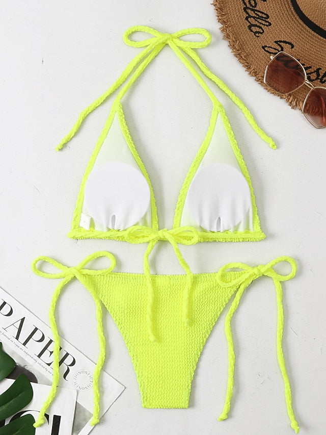 Women's Swimwear Bikini 2 Piece Normal Swimsuit Open Back Solid Color Green Black Blue Purple Yellow Camisole Strap Bathing Suits New Casual Vacation / Sexy / Modern / Padded Bras