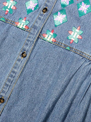 Women's Blue Denim Midi Dress - Casual Short Sleeve with Floral Embroidery