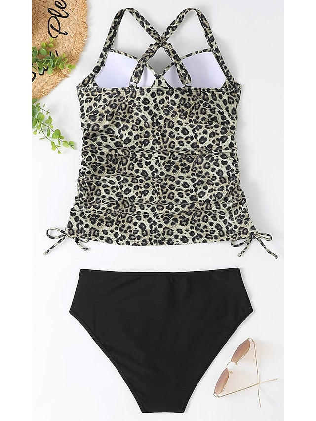 Women's Swimwear Tankini 2 Piece Normal Swimsuit Halter 2 Piece Printing Leopard Black Yellow Army Green Navy Blue Blue Tank Top Bathing Suits Sports Beach Wear Summer