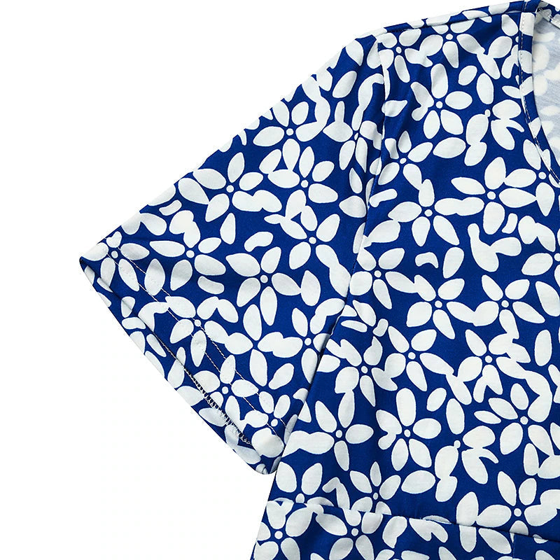 Women's Casual Dress Midi Dress Blue Short Sleeve Floral Ruched Spring Summer Crew Neck Basic Print Dresses