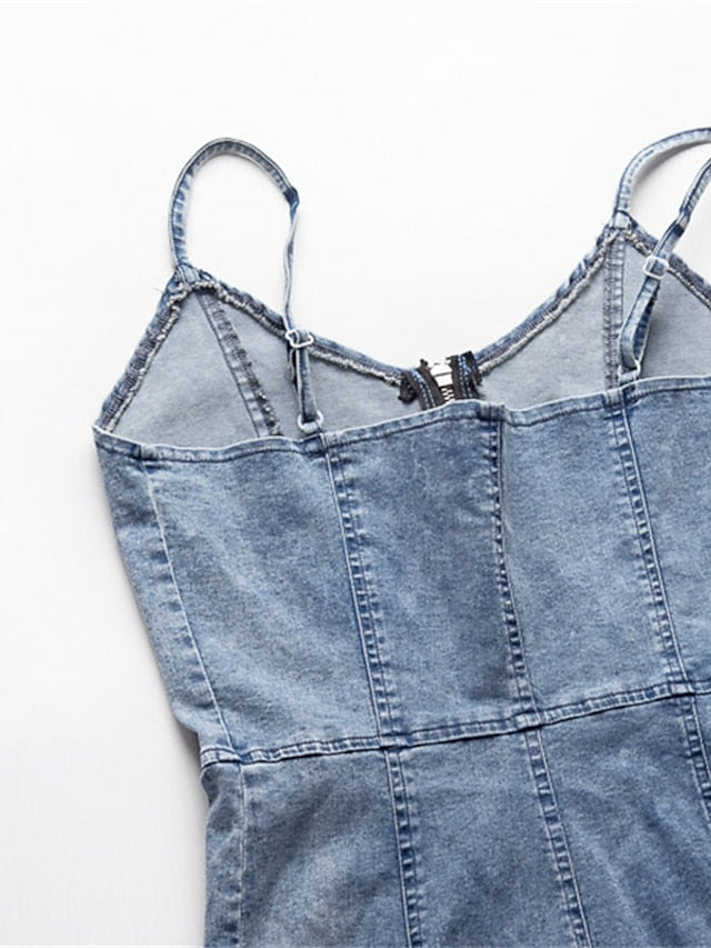 Women's Denim Bodycon Mini Dress with Pockets - Sleeveless Zippered Sheath for Summer