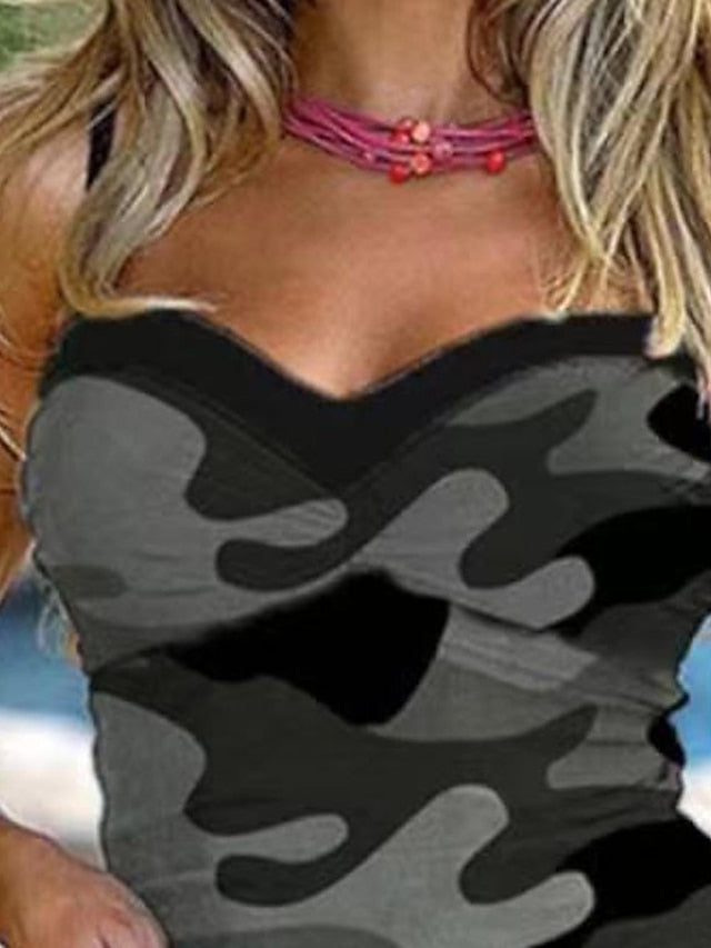 Women's Swimwear Tankini 2 Piece Normal Swimsuit 2 Piece Open Back Printing Camo Camouflage Black Padded V Wire Bathing Suits New Casual Vacation / Modern / Spa / Strap / Padded Bras / Strap