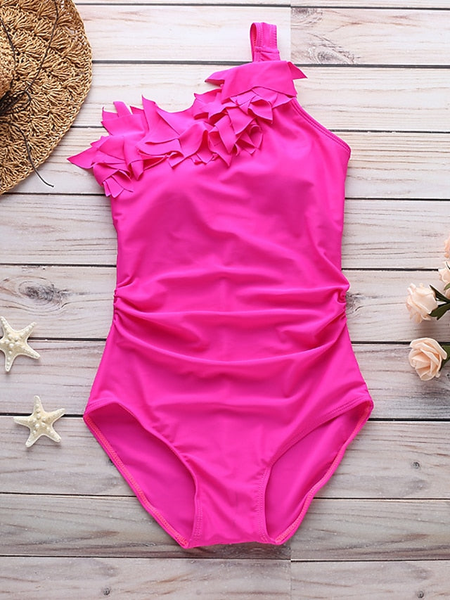 Women's Swimwear One Piece Normal Swimsuit Ruffle Tummy Control One Shoulder Solid Color Black Rose Red Bodysuit Bathing Suits Sports Beach Wear Summer
