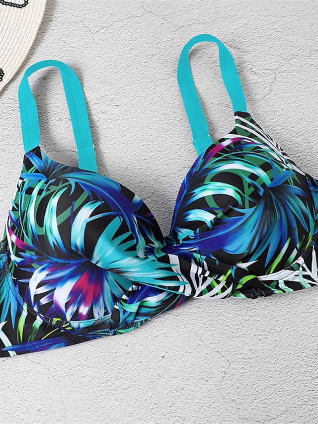 Women's Swimwear Bikini 2 Piece Normal Swimsuit Backless Push Up Printing High Waisted Leaf Blue V Wire Bathing Suits New Vacation Sexy / Modern
