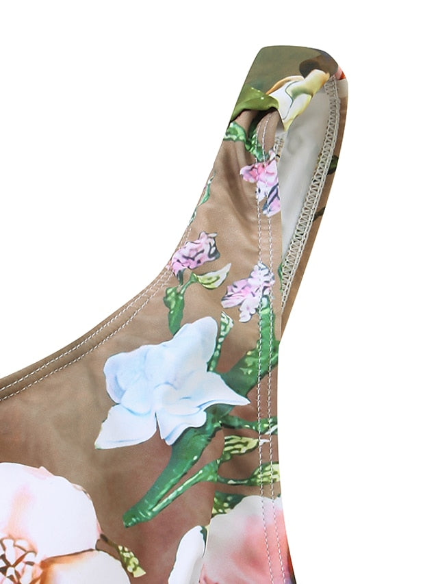 Women's Swimwear Tankini 2 Piece Normal Swimsuit High Waisted Trees / Leaves Floral Print Khaki Padded V Wire Bathing Suits Sports Vacation Sexy / Strap / New / Strap