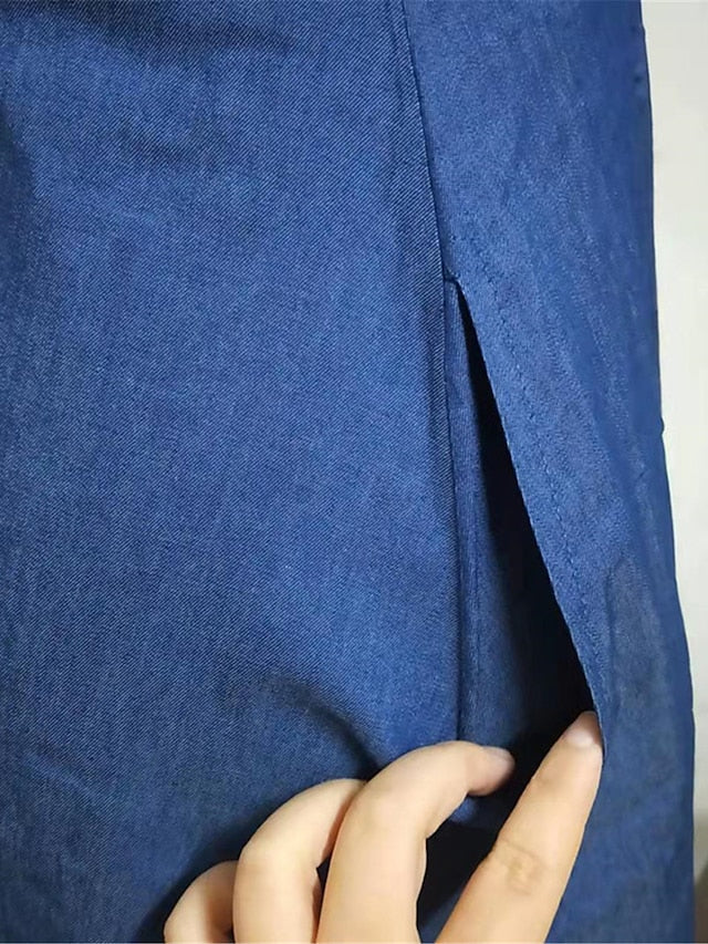 Sleeveless Women's Maxi Denim Dress with Pockets for Summer